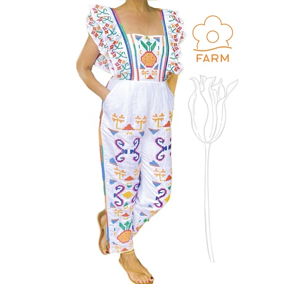 FARM RIO Floral Embroidered Ruffles White Jumpsuit